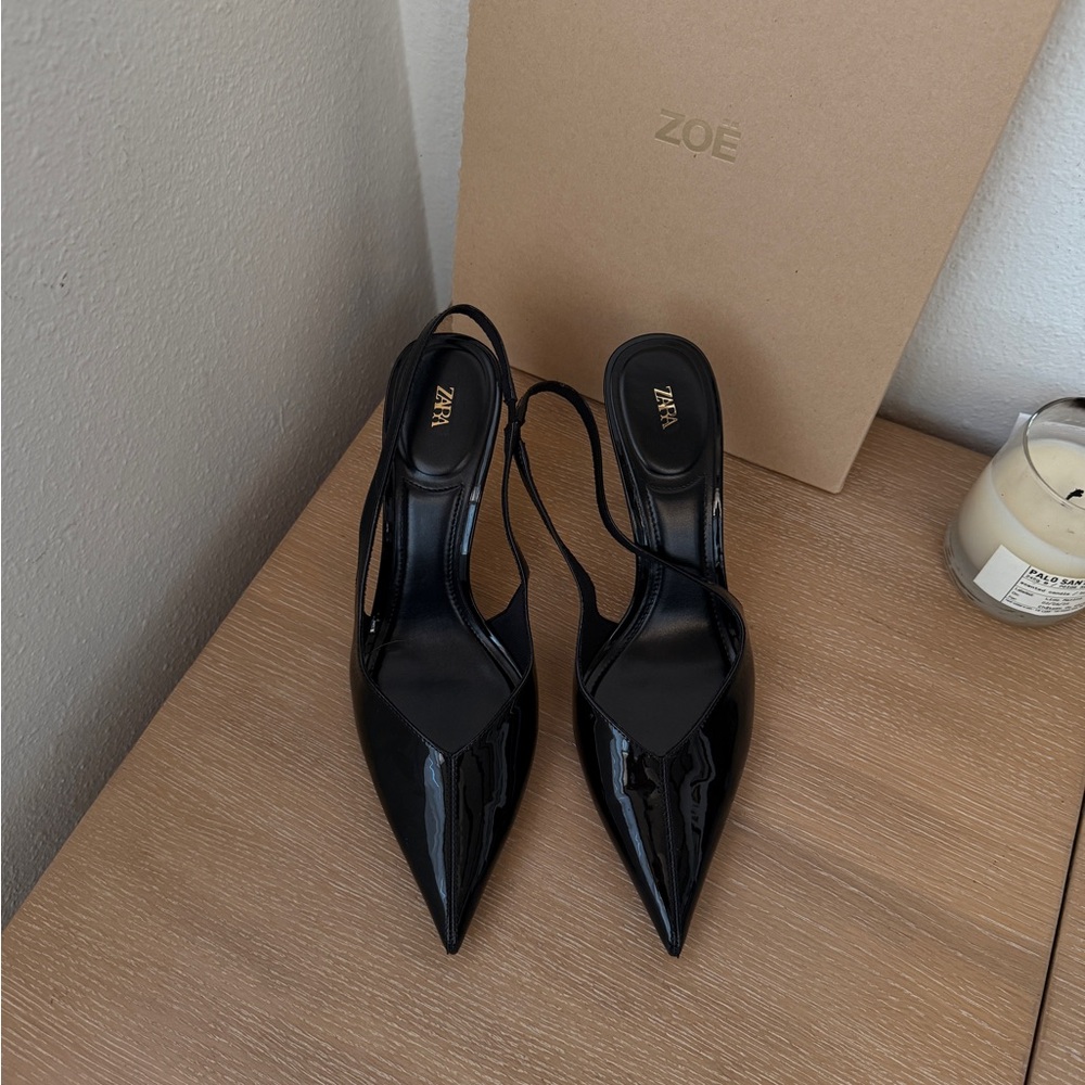 Zara Glossy Black Pointed Slingback Heels